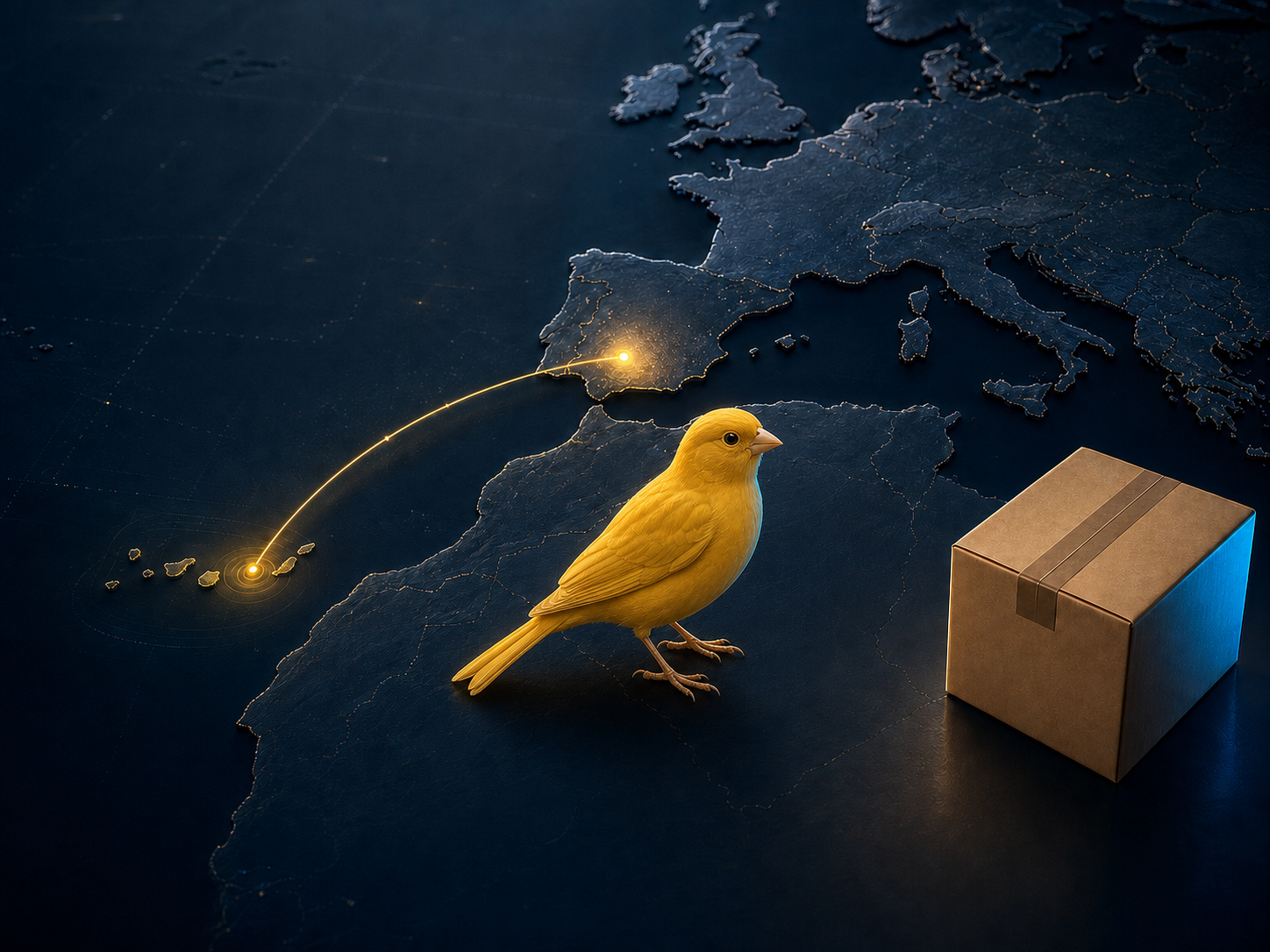 Canario junto a una encomienda sobre un mapa con la ruta desde la Península hasta Canarias